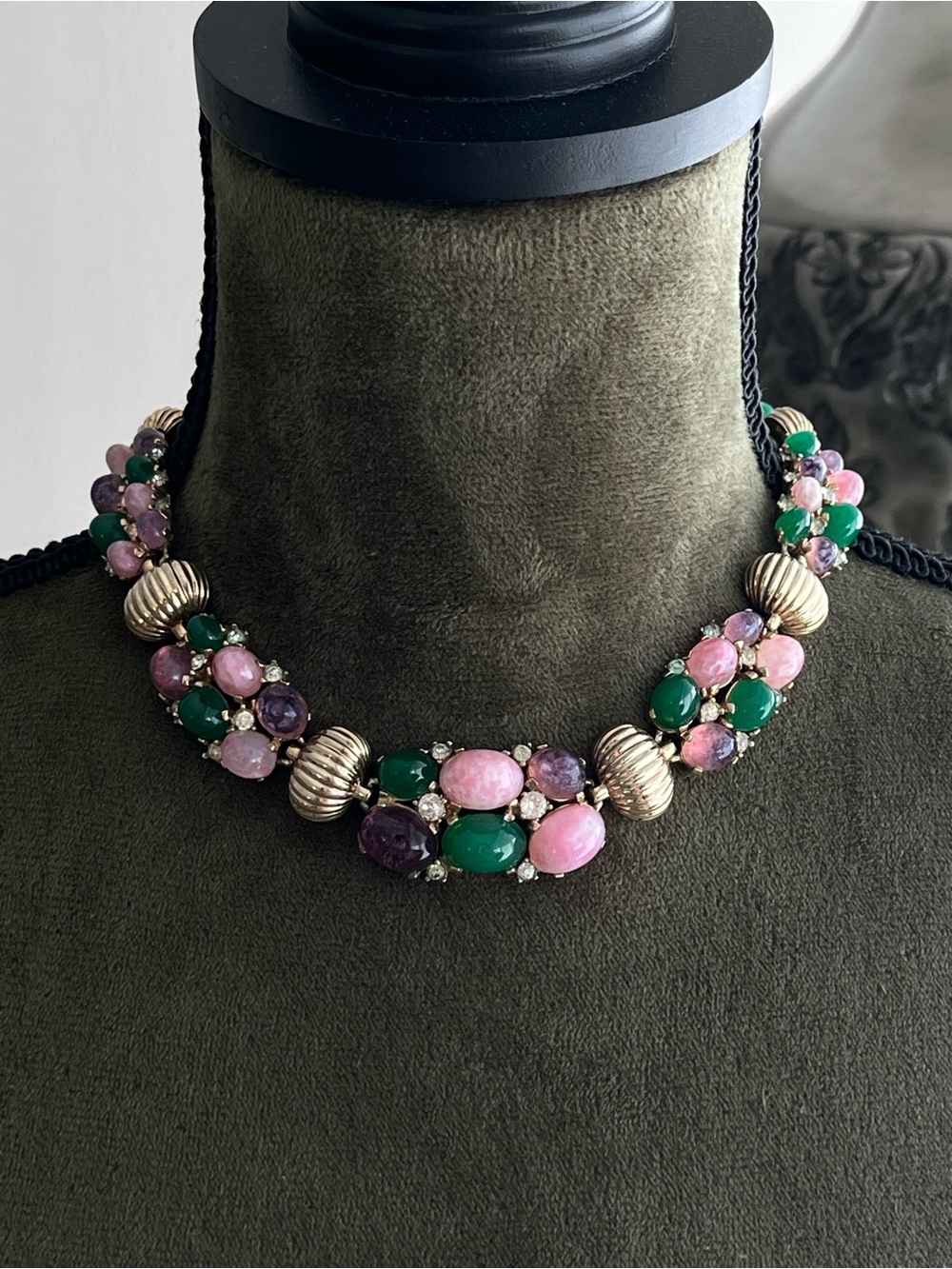 Vintage Boucher Rare Oval Pink Green Glass Cabochon Cluster Gold Link Necklace